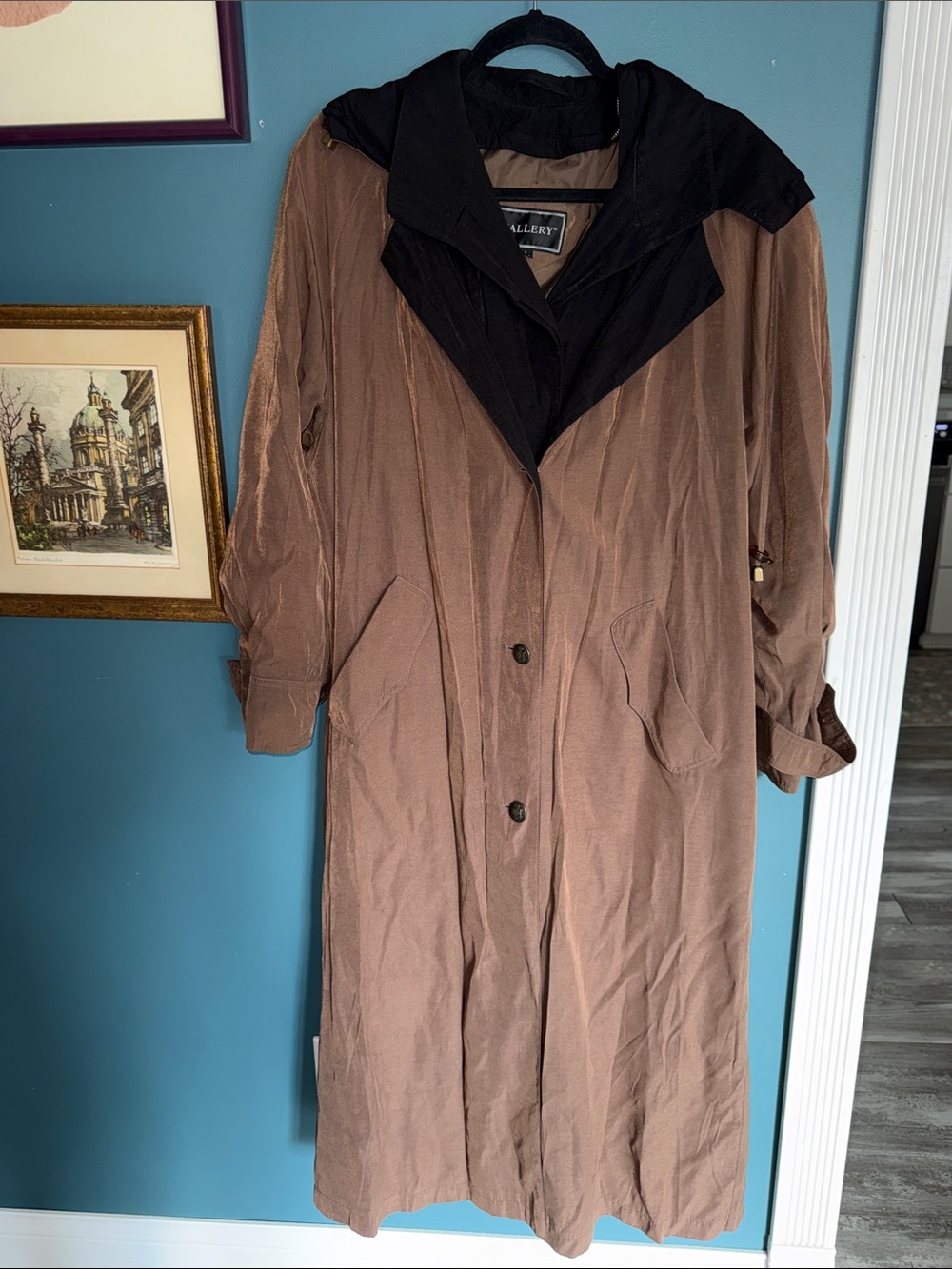 Vintage Gallery Two-Tone Hooded Trench Coat — Brown with Black Hood